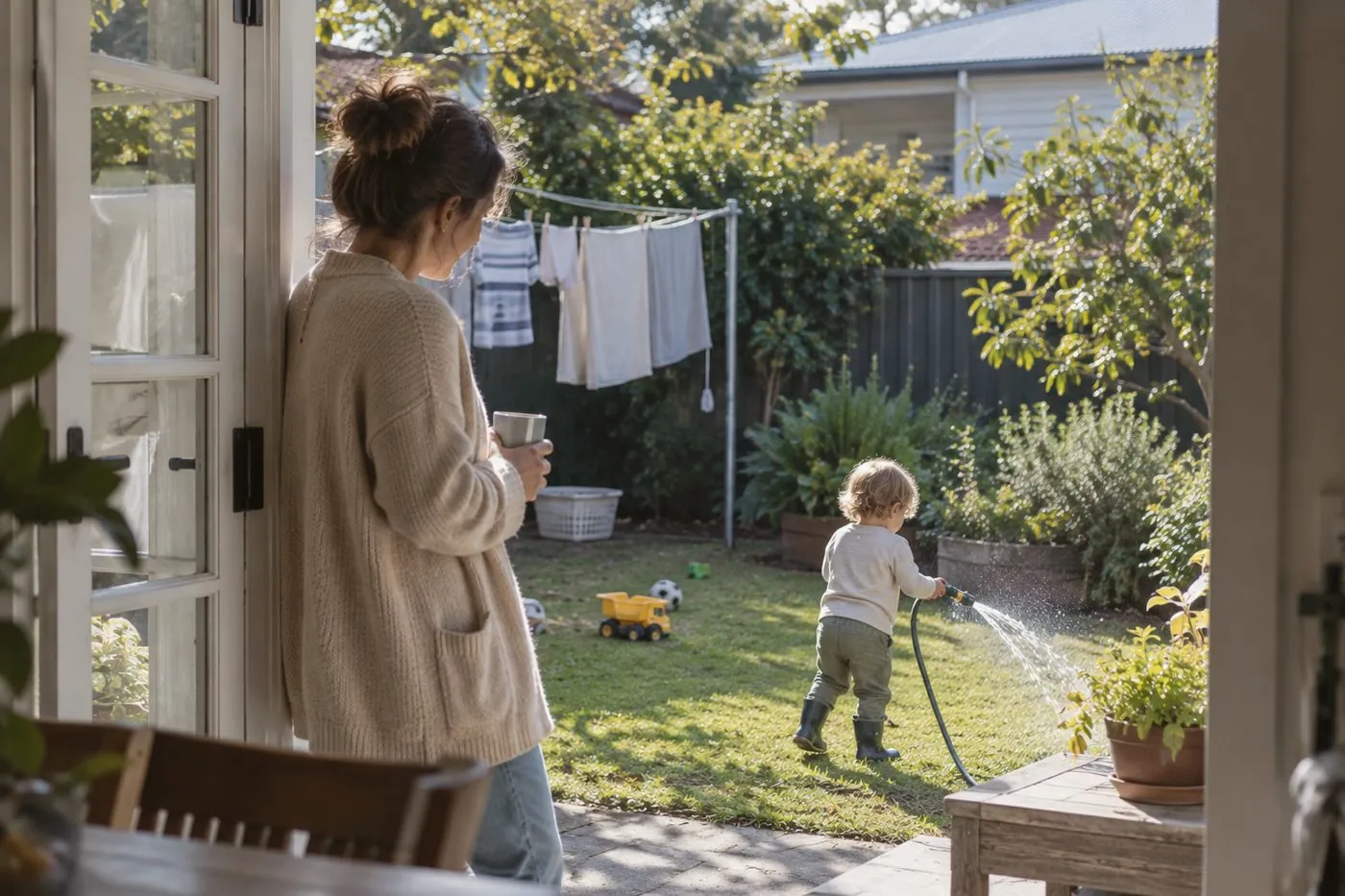 A mother with a cup of tea watching her toddler play in the backyard
