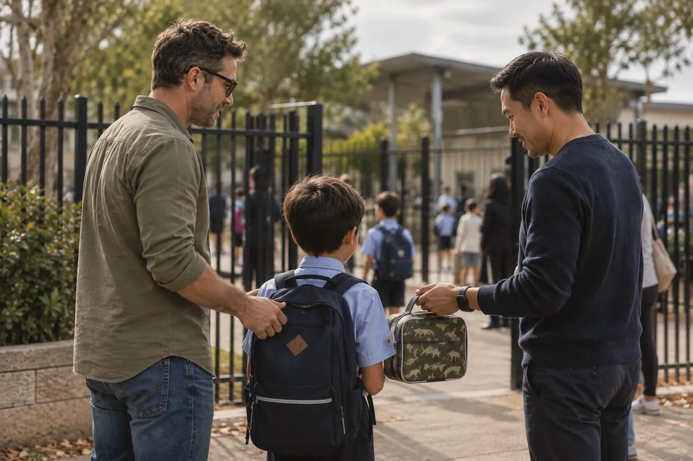 Two separated dads handing over their son’s lunchbox at the school gate