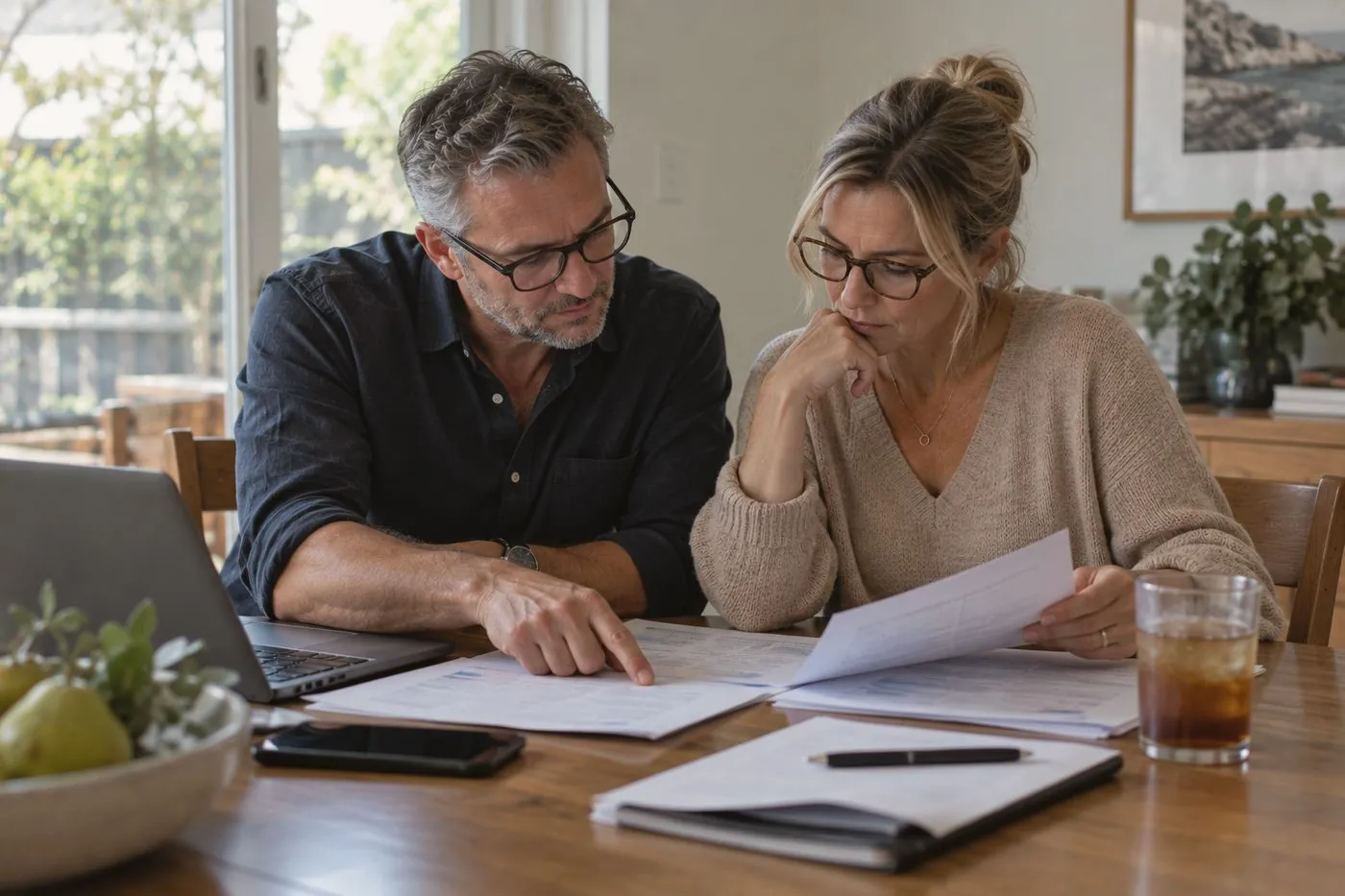 A couple reviewing documents together at their dining table