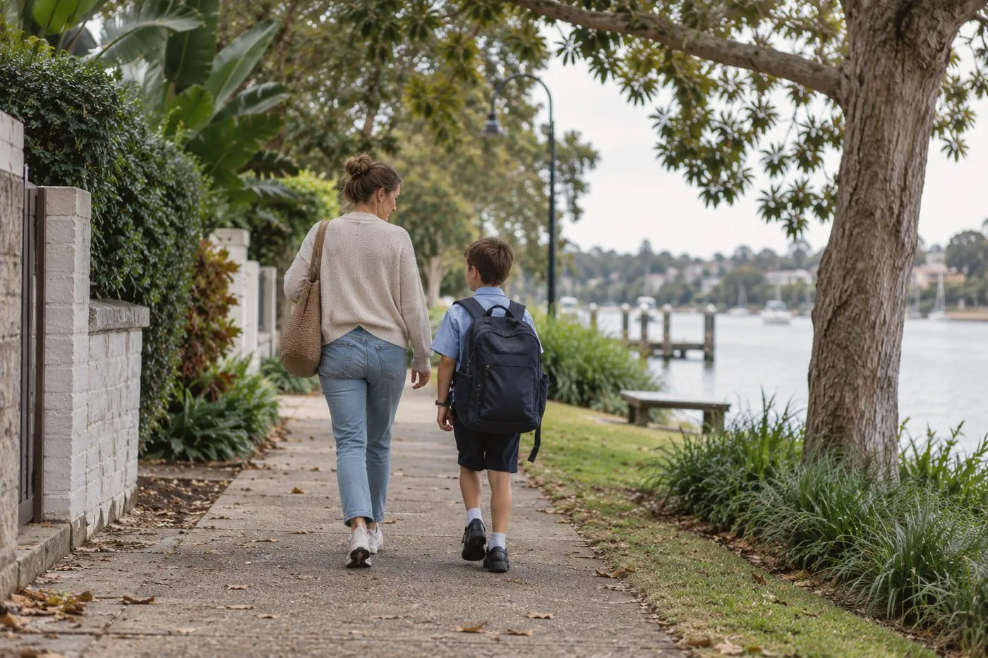 A mother walking her son home from school along a leafy riverside path