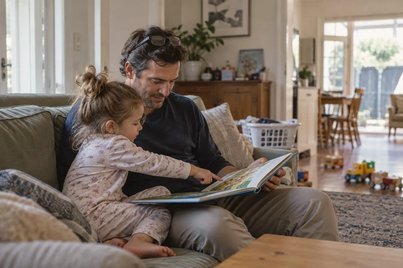 A father reading a picture book with his young daughter