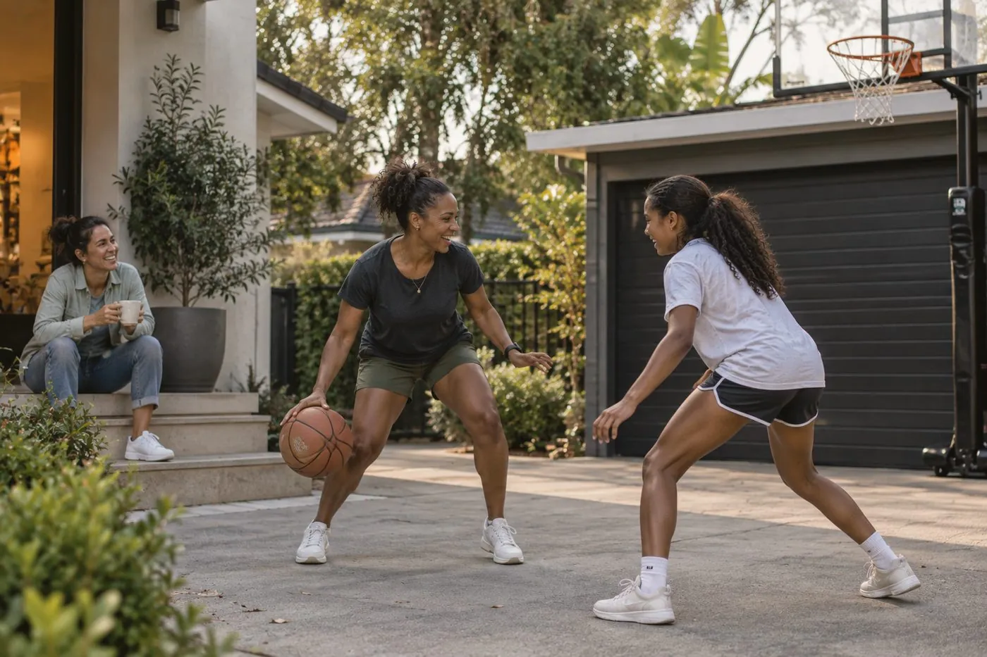 A mum playing basketball with her teenage daughter while her partner watches from the front step
