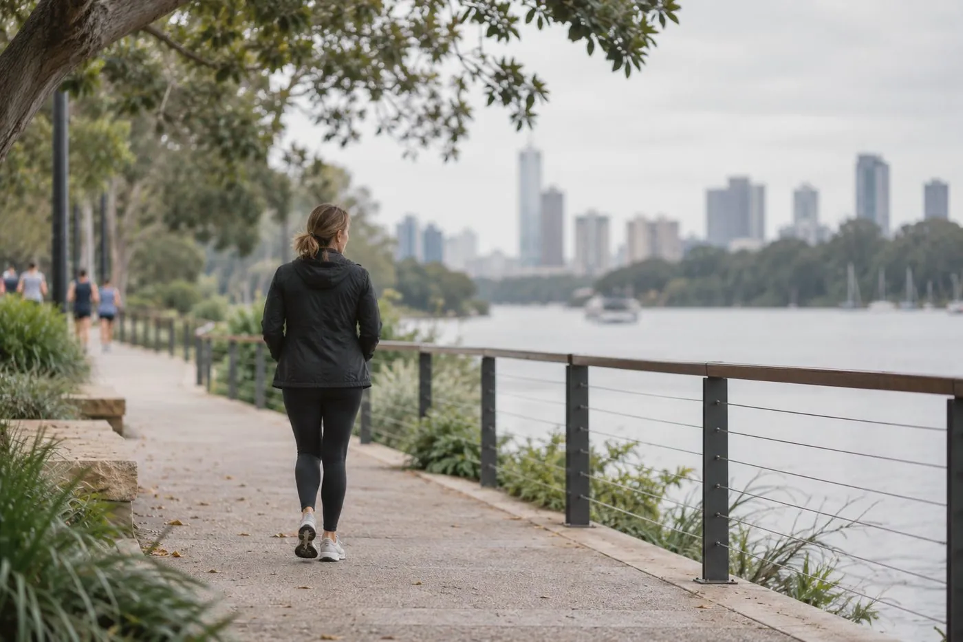 A woman walking alone along a riverside path